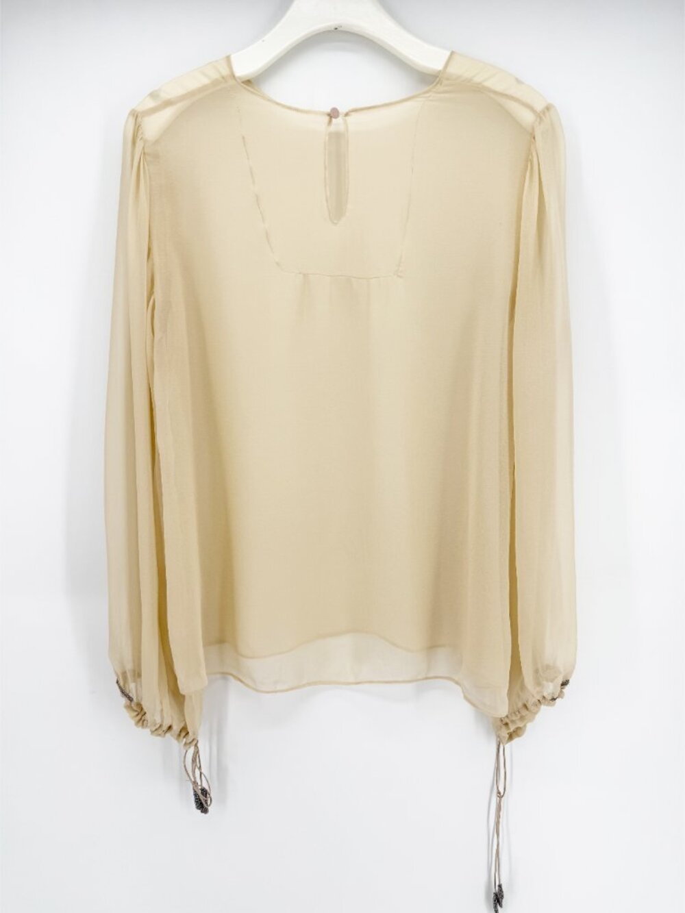 Neutral Beige Sheer LSV Rhinestone Tie Cuff Blouse M - Picture 7 of 9